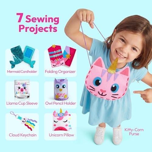 Klever Kits 7 Sewing Projects- My First Kids Sewing Kit- Easy DIY Arts and Crafts for Girls, Craft Kits, Birthday Gifts for Kids Aged 6+, Unicorn and Mermaid Pillow