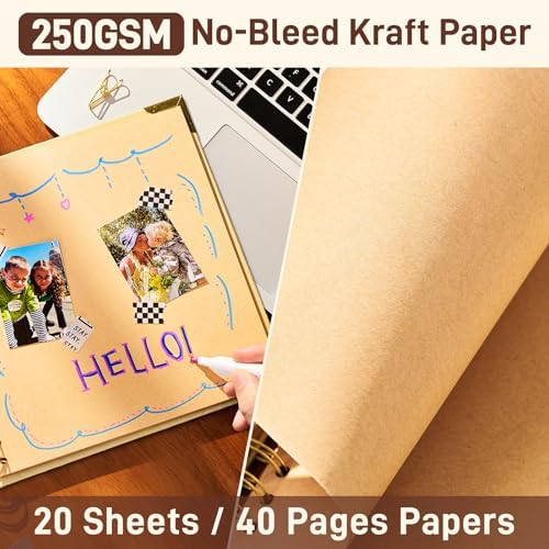 8x8 Scrapbook Album, Handmade Lokta Paper Cover, 40 Pages 250gsm Acid-Free Kraft Paper, DIY Memory Photo Album with Metal Corners & Inner Pocket for Wedding, Anniversary, Baby, Family