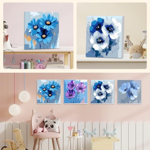 NEWENMO 4 Pack Paint by Numbers for Adults with Wooden Framed, Blue Flowers, Paint by Number Kits on Canvas for Beginner, DIY Acrylic Oil Painting Kits for Home Decor 8x8 inch, Beautiful Flowers