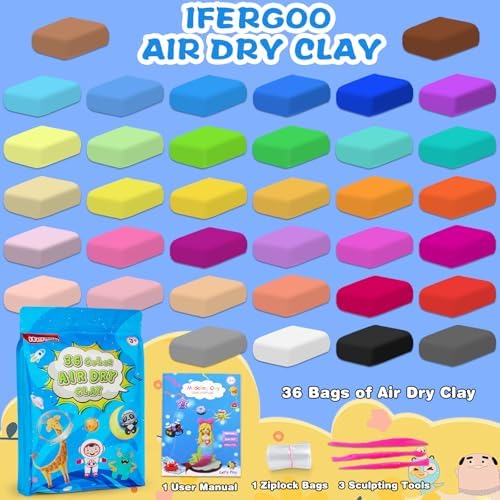 ifergoo Air Dry Clay, 36 Colors Magic Foam DIY Molding Clay for Slime | Slime add ins & Supplies, Soft & Non-Sticky, Easy to use, School Projects, Great Toys Gift for Ages 3-12 Boys & Girls Kids