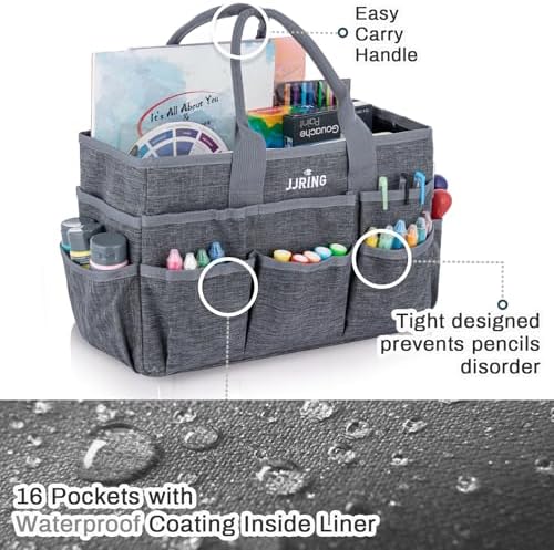 JJRING Craft Tote Bag Organizer For Art Storage With Multiple Pockets, Grey