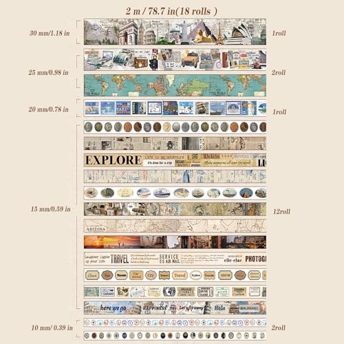 18 Rolls Travel Washi Tape Set journaling Tape for Crafts and Journaling DIY Scrapbook Tape for journaling Scrapbooking Supplies washi Tape for Scrapbooking