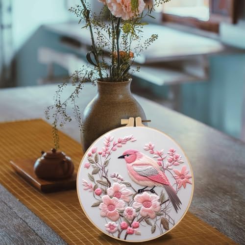 FONNUY Embroidery Kit for Beginners, Hummingbird Flowers Pre-Stamped Pattern Kits for Adults with Hoop, Easy to Follow Color Thread Needlework, 8''Hoop (Lightpink)