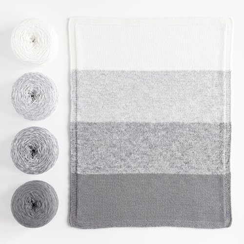 Revolution Fibers Baby Blanket Kit | Gradient Yarn (4 Balls), 50% Cotton & 50% Viscose | Pattern Included | Helios Gray