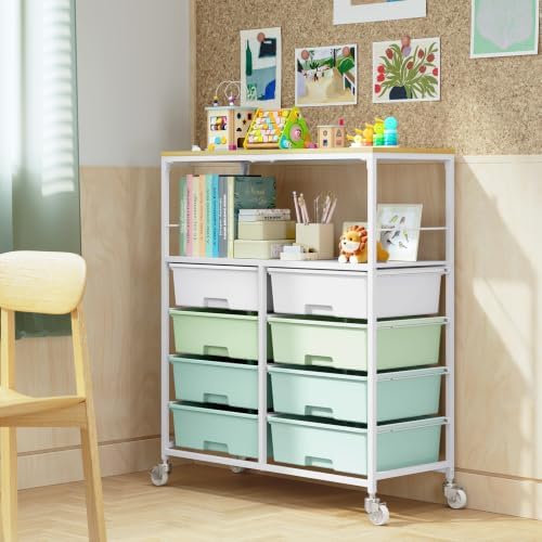 APEXCHASER Rolling Storage Cart with 8 Large Drawers, Wooden Tabletop