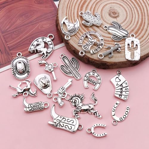 80pcs Western Cowboy Themed Charms Set - Zinc Alloy 3D Miniature Cowboy Hat, Horse, Boot Shoe Charms for DIY Jewelry Making, Keychain Crafts Accessory Tools -Durable, Versatile, and Perfect for Creative Projects (Antique Silver)