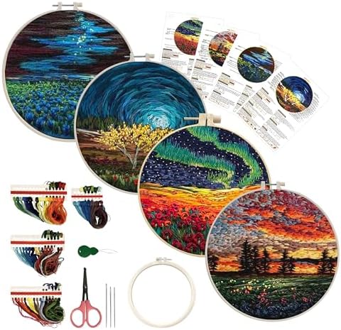 Maydear 4 Pack Embroidery Starter Kit with Pattern, Stamped Cross Stitch Kits for Beginners Adults with Embroidery Hoop and Instructions, Hand Embroidery Kit (Embroidery kit flower2)