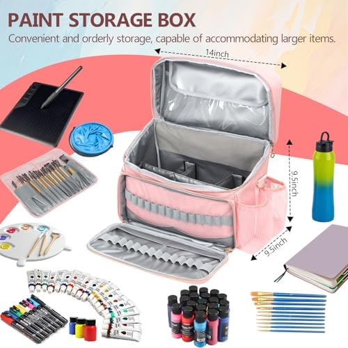 Acrylic Paint and Brush Set Organizer Bag - Carrying Case Compatible with Apple Barrel, Shuttle Art, Caliart Art Supplies - Includes Detachable Paint Brush Holder - for Home/Travel/Outdoor (Pro Pink)