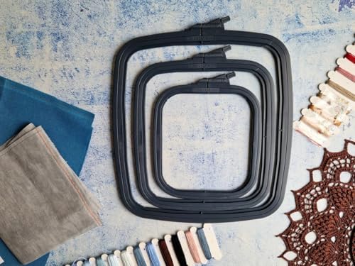Nurge Square Embroidery Hoop - Plastic Cross Stitch Frame for Needlepoint & Embroidery - Adjustable Craft Hoop - Anthracite - Set of 3