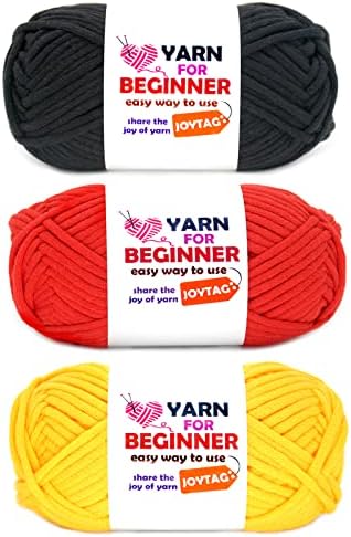 Yarn for Crocheting and Knitting Cotton Crochet Knitting Yarn for Beginners with Easy-to-See Stitches Cotton-Nylon Blend Easy Yarn for Beginners Crochet Kit(3x50g)-(Black+Red+Yellow)