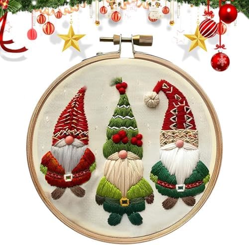 RUIQLXHANG Christmas Embroidery Kit - Christmas Gnomes Embroidery Kits for Beginners with Pattern, Cotton Threads, Needles, Instruction, 20cm Hoop, Gift for Mom, Grandma