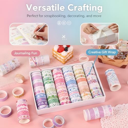 60 Rolls Washi Tape Set, 15mm, Colorful Craft Tape for Junk Journal Scrapbook, Bullet Journaling Scrapbooking Supplies, Planner Sticker DIY Craft Decor