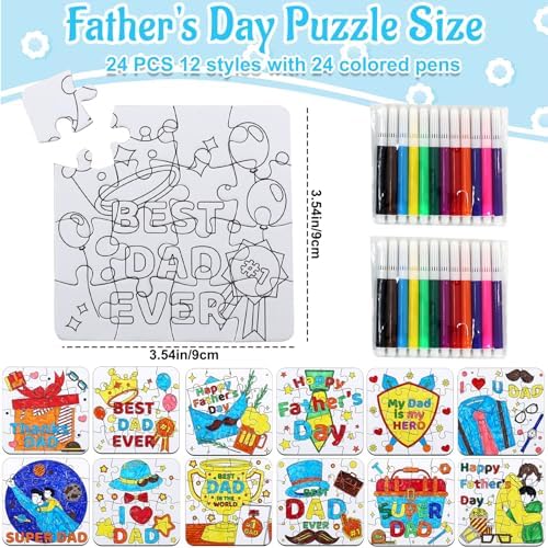 24 Set Fathers Day Crafts for Kids Classroom Bulk, Father's Day Arts DIY Jigsaw Puzzle with Shirt Hat Crown, Summer Camp Best Dad Activity Painting Kit for School Gifts Coloring Games Party Favors