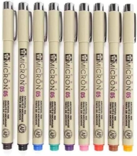 SAKURA Pigma Micron 05 Pen, Pack of 9 Colors - Black, Orange, Brown, Red, Pink, Green, Purple, Blue, Sepia, Waterproof and Fade Proof Markers