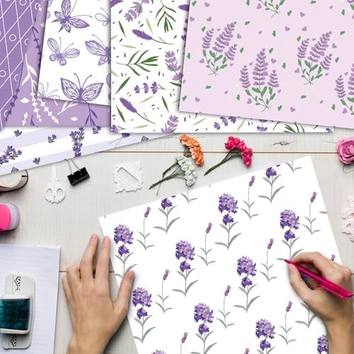 48 Sheets Lavender Scrapbook Paper,Lavender Pattern Decorative Scrapbook Paper for Journals DIY Cards and Photo Albums,Aesthetic Craft Supplies
