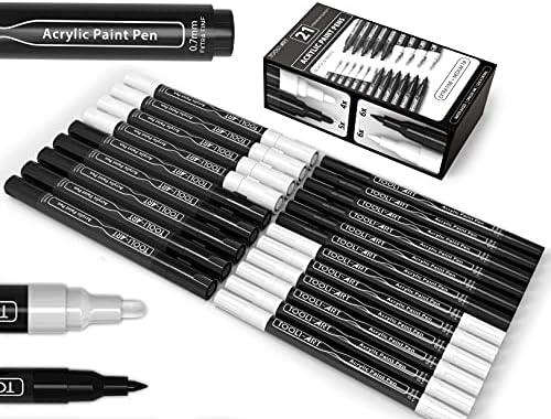 TOOLI-ART Black And White Acrylic Paint Markers Paint Pens Set For Rock Painting, Canvas, Mugs, Metal, Glass Paint, Fabric, Wood, DIY. Non Toxic, Quick Dry,Waterbas (EXTRA FINE & MEDIUM)