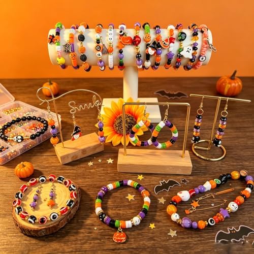 1970Pcs Halloween Bracelet Kit, Halloween Beads for Bracelets Jewelry Making Orange Black White Purple Polymer Clay Beads Pumpkin Evil Eye Skull Bead with Ghost Spider Charms for DIY Craft Earring