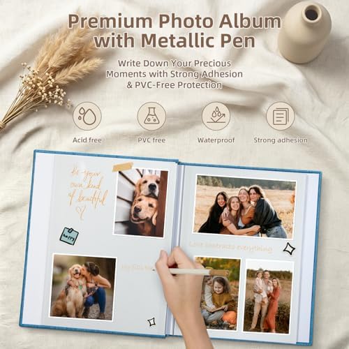 Popotop Photo Album Self Adhesive with Picture Display Window,60 Pages DIY Scrapbooking Supplies Kit for 4x6 8x10 Picture,Linen Cover Memory Book for Baby Wedding, with Scraper and Metallic Pen