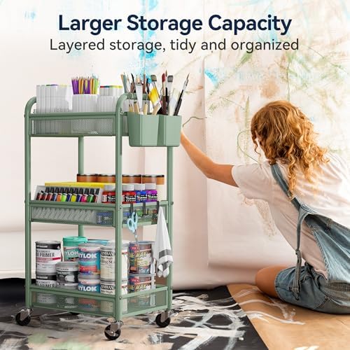 YASONIC 3 Tier Metal Rolling Cart, Green Utility Storage Cart with Wheels | Metal Mesh Craft Cart With Hooks & Hanging Cups, Ideal For Kitchen, Bathroom, Office, Dorm, Art Workspace, Bedside Storage