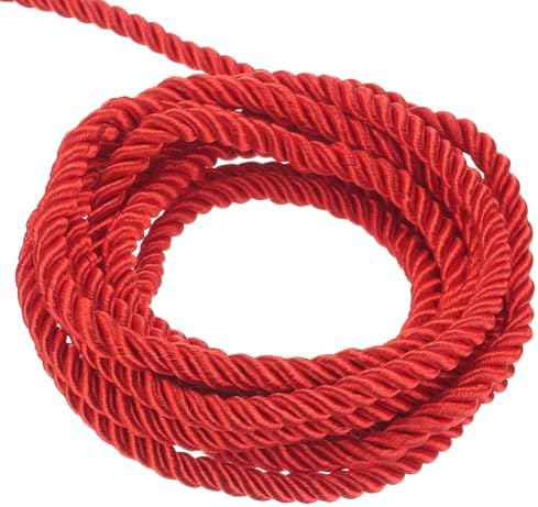 MECCANIXITY Twisted Cord Trim, 5 Yard 3mm 3-Ply Twine Braided Rope Shiny Thread String for Craft Gift Bag Curtain Christmas Decor, Red - 5m
