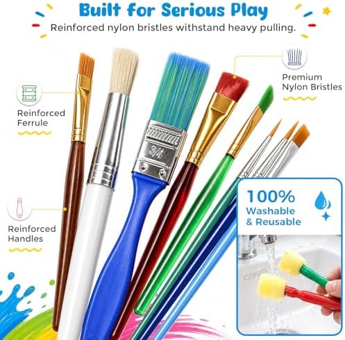 BigOtters 45PCS Kids Paint Brushes Set with Spill Proof Cups & Palettes