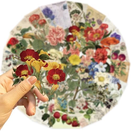 50Pcs Vintage Plant Stickers Pack, Aesthetic Flowers Stickers for Scrapbook Journaling Water Bottle Kindle Laptop Skateboard Guitar, Waterproof PET Transparent Sticker
