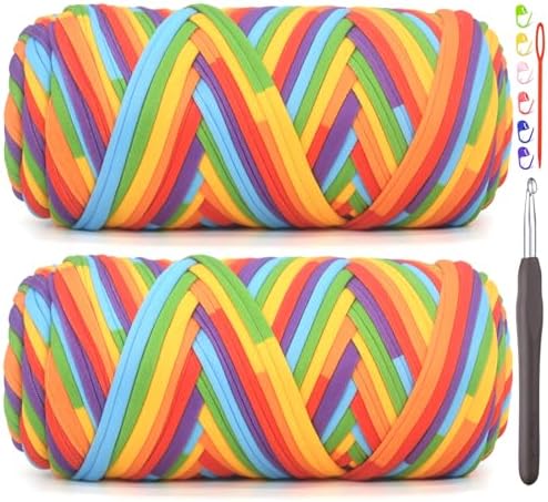 2 Pack Tshirt Yarn for Crocheting,Rainbow T Shirt Chunky Elastic Thick T-Shirt Crochet Yarn for Beginners Crocheting Hand Knitting Bag/Basket/Coasters/DIY Crafts/Home Decor 2 * 200G-Bright Rainbow