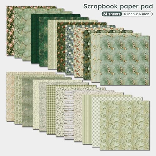 Vintage Green Scrapbooking Paper Pad - 6 Inch 24 Sheets Flowers Aesthetic Patterns for Photos Album Journals Decorative Collage Card Making Wedding DIY Crafts Gifts Wrapping Material