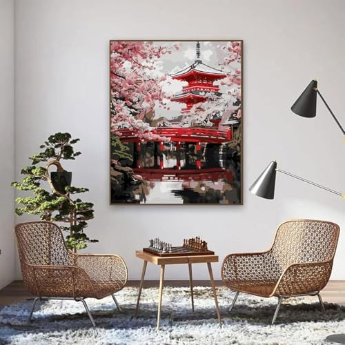 EIBEILI Plum Blossom Paint by Numbers Kit for Adults Beginner,Beautiful Temple Adult Paint by Number Kits on Canvas,Easy Canvas Paint by Numbers for Adults for Home Wall Decoration 12 X 16 inch