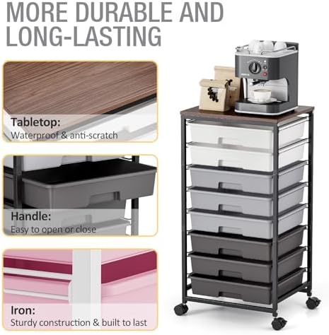 Rolling Storage Cart with 8 Drawers, Utility Cart on Wheels with Wooden Tabletop, Utility Cart for Teacher Storage, Office Organizer, Classroom Storage Cart, Craft Storage, Grey | Utility Cart on Wheels with Wooden Tabletop,Teacher Organization for Cla...