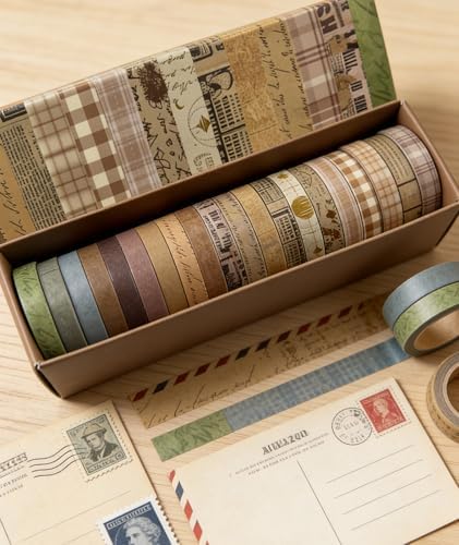 Vintage Brown Thin Washi Tape Set 20 Rolls, 7mm Narrow Kraft Paper Decorative Tape for Journaling Planner Bullet Journal, Neutral Earth Tone Fine Line Tape for Border Detailing, Art Supplies