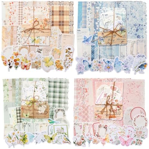 LIGHOON 400 Pcs Vintage Floral Scrapbook Paper, Floral Journaling Stickers Kit, 4 Pack Junk Journal Supplies for Bullet Journaling DIY Retro Crafts Planner Card Notebook Album