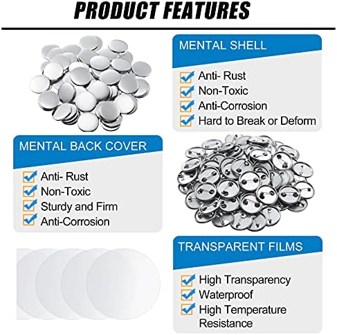 300 Pieces Blank Button Making Supplies Round Badge Parts Metal Pin Badge Kit for Button Maker Machine, Including Metal Shells Back Cover and Clear Film(1 Inch,Silver)