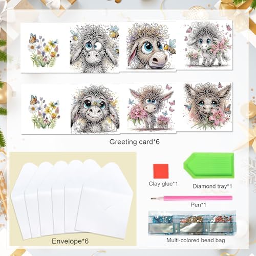 6 Pcs 30x15cm 5D Diamond Painting Greeting Cards Kits, Handmade Festival Greeting Cards with Envelopes DIY Diamond Art Crafts Birthday Cards Sparkling Designs for Birthdays Christmas Holiday (Donkey)