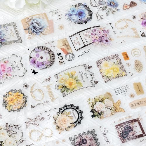 Vintage Floral Wide Washi Tape, 6 PET Rolls for Journaling Crafts | 6 wide PET rolls for journaling supplies, scrapbook supplies, junk journals, card making, DIY crafts and gift wrappin