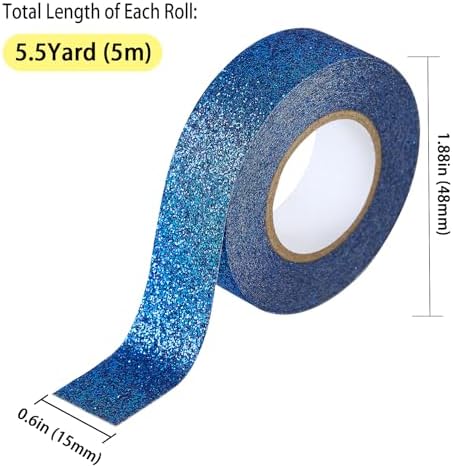Blue Glitter Washi Tape 2 Rolls, Sparkle Decorative Tape for DIY Crafts Scrapbooking Journaling, Sticky Colored Masking Tape for Art, Wall Decor Gift Wrapping (0.6in x 11Yard)