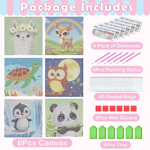 NANZHOO Diamond Art Kits for Kids, 6 Pack 5D Cartoon Diamond Painting Kits for Adults Beginner, Cute Animals DIY Big Gem Art Arts and Crafts for Kid Mosaic Kits for Gift Home Wall Decoration 6X6 inch
