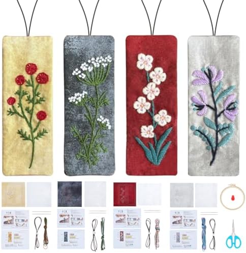 FREEBLOSS 4 Set Embroidery Bookmark Kit Flowers Embroidery Kit for Beginners with Instructions Embroidered Bookmark DIY Hand Embroidery Kit Embroidered Bookmark Kit Cross Stitch Kit