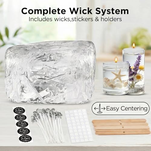 Clear Gel Wax for Candle Making - 1.1LB (500g) Transparent Jelly Candle Wax with Wicks, Wick Stickers & Holders - Non-Toxic, Unscented DIY Gel Wax for Beginners & Crafters