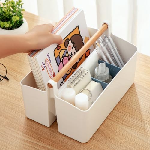 Vidifor Large Portable Basket with Handle, Plastic Craft Storage Organizer Caddy Tote with Adjustable Divided for Makeup Art Supplies, Sewing, Colored Pencils-Blue