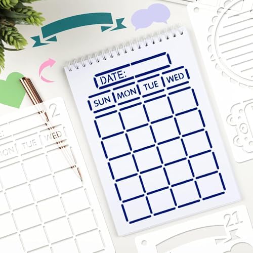 Journal Stencils 35 Pcs Set, Journal Planner Colored Pens 24 Pcs Set, Reusable Plastic Templates for Planners, Calendars, Notebooks, Daily Weekly Monthly Layouts, Letters, Numbers, Decorative Designs