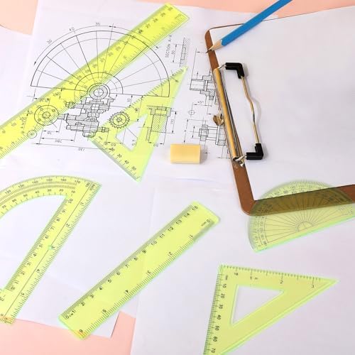 Tenare 6 Pcs Math Geometry Ruler Set, Protractor Triangle School,Yellow