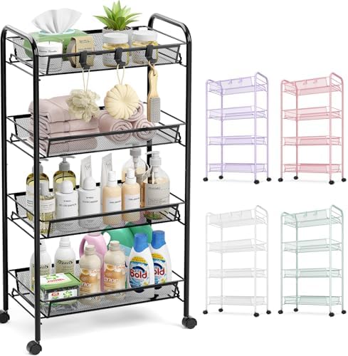 TOOLF 4-Tier Rolling Cart, Metal Utility Cart with 3 Hooks, Easy Assemble Mobile Storage Trolley On Wheels, Metal Shelving Units Kitchen Bathroom Laundry Room