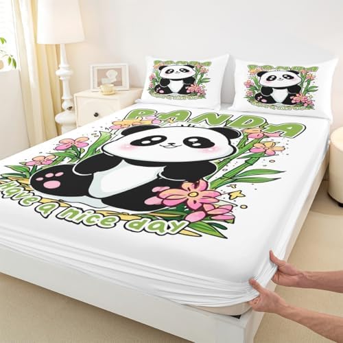 Cartoon Panda Bed Sheet Set King Size Cute Animal Mattress Cover Lively Leaves Flowers Print Sheets for Boys Girls Bedroom White Green with Flat,Fitted Sheet Pillowcase 4Pcs