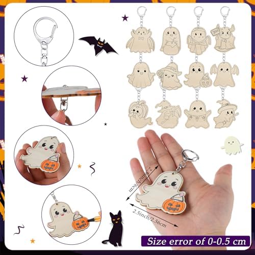 Trnayi 36 Pcs Halloween Ghost Wood Keychain Color Your Own DIY Craft | Halloween Ghost Wooden Keychain, Color Your Own Unfinished Craft, Blank Wood Painting DIY Craft, for Halloween Art Project