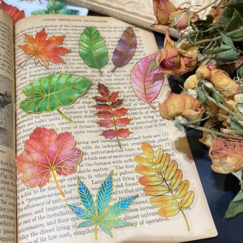 50PCS Clear Gold Foil Leaf Stickers, Autumn Leaf Stickers | Transparent Stickers for Junk Journal, Scrapbook Supplies for Card Making, Planner, Envelope, DIY Crafts, Water Bottle Decors