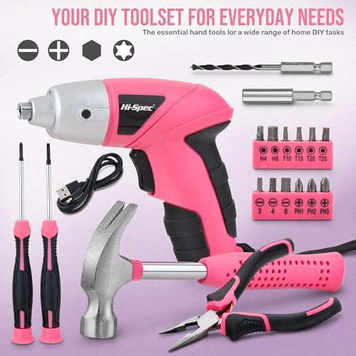 Hi-Spec 3.6V Cordless Electric Screwdriver and Tool Kit for DIY, Pink | 19pc, fast assembly help, common screw bit selection, LED visibility, compact grip, quick household fixes, organized storage