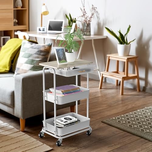 Simple Houseware 3-Tier Rolling Utility Cart with Drawer & Wood Top, Maple