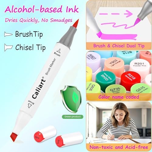 Caliart Alcohol Markers 121 Colors Brush & Chisel Tip Art Markers Pens Set | Permanent Alcohol Brush Markers with Carry Case for Adult Coloring Books Illustration, Artist Drawing & Beginner Sketching