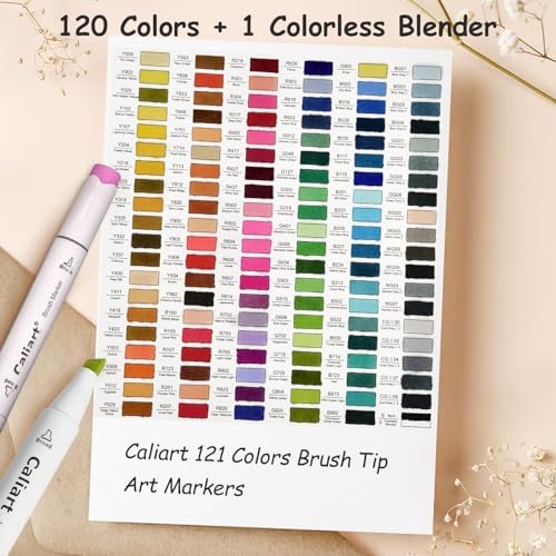 Caliart Alcohol Markers 121 Colors Brush & Chisel Tip Art Markers Pens Set | Permanent Alcohol Brush Markers with Carry Case for Adult Coloring Books Illustration, Artist Drawing & Beginner Sketching